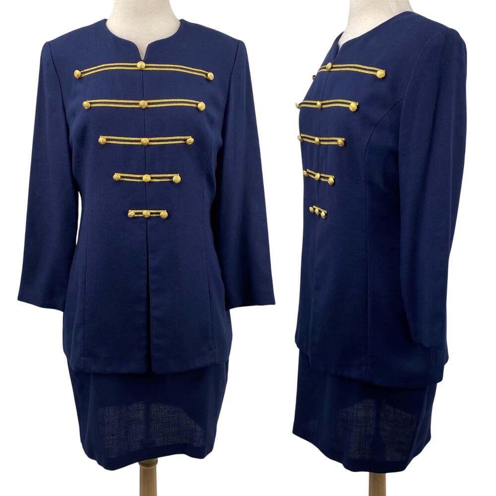Vintage 80s Military Style Button Layered Dress Long Sleeve Nautical Navy Gold L